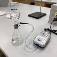 Load image into Gallery viewer, Filtr8 Lab Filtration Pump Plugged into Electrical Outlet and connected to a Buchner flask.