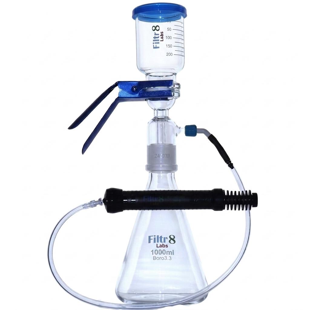 A Filtr8 Lab 1000ml Buchner flask setup with a 300ml glass funnel, ground glass filter head, 1000ml glass flask, blue clamp, clear tubing, and a black hand pump, shown on a white background.