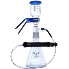 A Filtr8 Lab 1000ml Buchner flask setup with a 300ml glass funnel, ground glass filter head, 1000ml glass flask, blue clamp, clear tubing, and a black hand pump, shown on a white background.