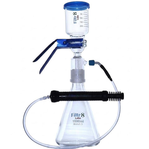A Filtr8 Lab 1000ml Buchner flask setup with a 300ml glass funnel, ground glass filter head, 1000ml glass flask, blue clamp, clear tubing, and a black hand pump, shown on a white background.