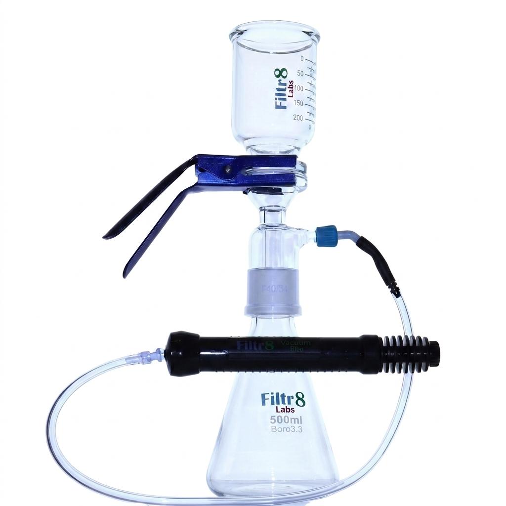A Filtr8 Labs vacuum filtration setup featuring a 500ml Buchner 3.3 Borosilicate glass flask, filter head,  a 300ml glass funnel, a black hand vacuum pump, and a blue clamp, shown on a white background.